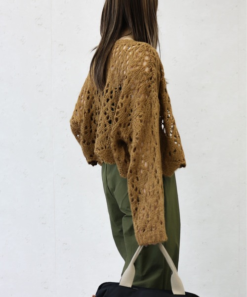 Per sist ence（パーシエンス）の「Per sist ence/パーシエンス　起毛透かし編み２WAYカーデ（カーディガン/ボレロ・レディース・グリーン/ブラック/キャメル/オレンジ/アイボリー・FREE）」の8枚目の写真