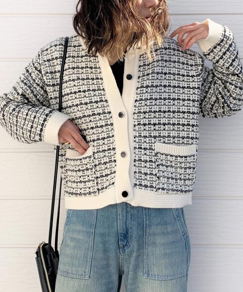 Q（キュー）の「ツイードカーディガン（カーディガン/ボレロ・レディース・ブラック/アイボリー・MEDIUM）」の2枚目の写真