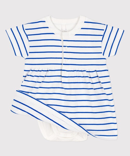 PETIT BATEAU（プチバトー）の「ライトスウェット半袖ドレスボディ（ロンパース・キッズ・ホワイト×ブルー・6MONTH/18MONTH/12MONTH）」の5枚目の写真