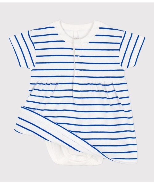 PETIT BATEAU（プチバトー）の「ライトスウェット半袖ドレスボディ（ロンパース・キッズ・ホワイト×ブルー・6MONTH/18MONTH/12MONTH）」の4枚目の写真