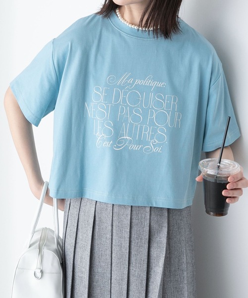BONLECILL(ボンルシール)の「配色ステッチ フレンチロゴ クロップド半袖Tシャツ(Tシャツ/カットソー・レディース・ブラック/アイボリー/オフホワイト/ブルー・FREE)」の4枚目の写真