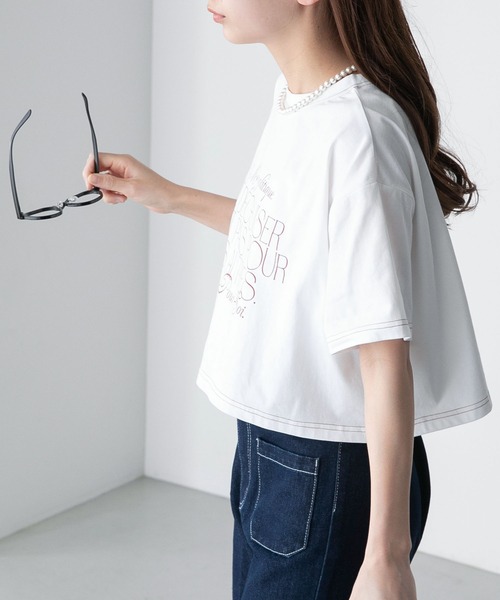 BONLECILL(ボンルシール)の「配色ステッチ フレンチロゴ クロップド半袖Tシャツ(Tシャツ/カットソー・レディース・ブラック/アイボリー/オフホワイト/ブルー・FREE)」の13枚目の写真