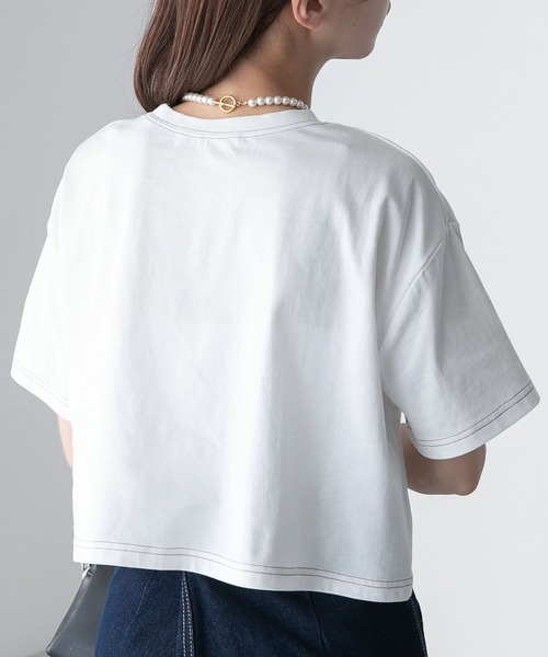 BONLECILL(ボンルシール)の「配色ステッチ フレンチロゴ クロップド半袖Tシャツ(Tシャツ/カットソー・レディース・ブラック/アイボリー/オフホワイト/ブルー・FREE)」の14枚目の写真
