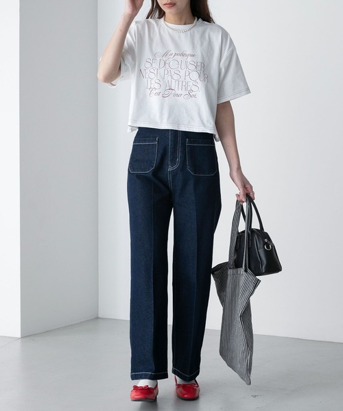 BONLECILL(ボンルシール)の「配色ステッチ フレンチロゴ クロップド半袖Tシャツ(Tシャツ/カットソー・レディース・ブラック/アイボリー/オフホワイト/ブルー・FREE)」の15枚目の写真