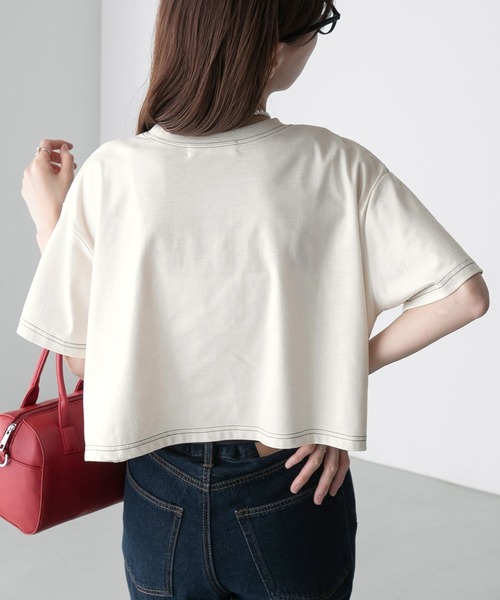 BONLECILL(ボンルシール)の「配色ステッチ フレンチロゴ クロップド半袖Tシャツ(Tシャツ/カットソー・レディース・ブラック/アイボリー/オフホワイト/ブルー・FREE)」の21枚目の写真