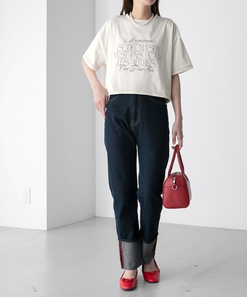 BONLECILL(ボンルシール)の「配色ステッチ フレンチロゴ クロップド半袖Tシャツ(Tシャツ/カットソー・レディース・ブラック/アイボリー/オフホワイト/ブルー・FREE)」の22枚目の写真