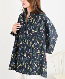 花柄スラブバンドカラー7分袖ブラウス