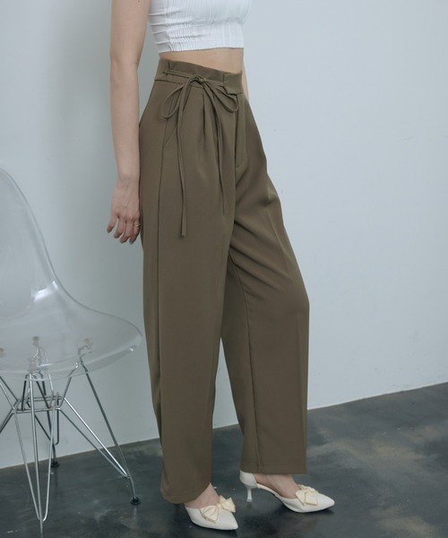 セール】【ロングセラー】ハイウエスト リボン スラックス パンツ