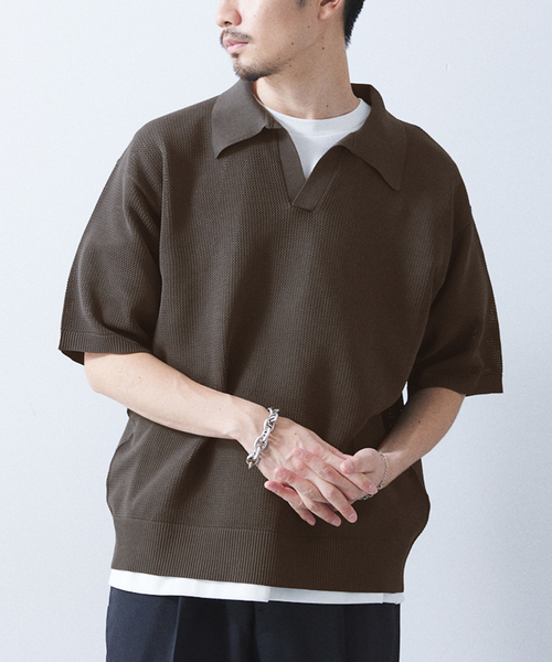 417 EDIFICE（フォーワンセブンエディフィス）の「PEスキッパーニット（ニット/セーター・メンズ・ブラック系その他/ベージュ系その他/ライトグリーン/ブルー・MEDIUM/LARGE/SMALL）」の2枚目の写真