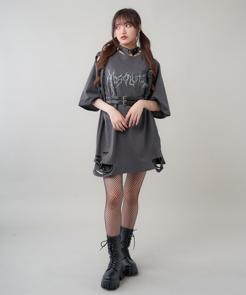 SPINNS（スピンズ）の「ダメージ加工 ウィングプリントデザイン 半袖ビッグTシャツ（Tシャツ/カットソー・レディース・ブラック/チャコール・ONESIZE）」の12枚目の写真