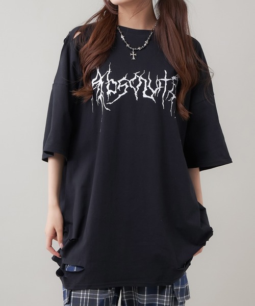 SPINNS（スピンズ）の「ダメージ加工 ウィングプリントデザイン 半袖ビッグTシャツ（Tシャツ/カットソー・レディース・ブラック/チャコール・ONESIZE）」の3枚目の写真