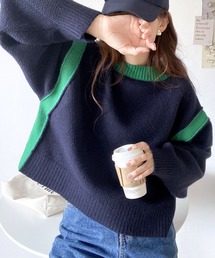 mily bilet（ミウィビレット）の「【mily bilet】ラインデザインが今気分 アルパカタッチサイド配色 あぜ編みニットプルオーバー（ニット/セーター）」