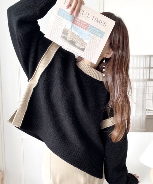 mily bilet(ミウィビレット)の「【mily bilet】ラインデザインが今気分 アルパカタッチサイド配色 あぜ編みニットプルオーバー(ニット/セーター・レディース・ネイビー/ブラック/アイボリー・LARGE/MEDIUM/SMALL/X-LARGE)」の13枚目の写真