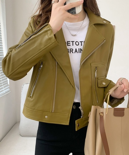 ABITOKYO（アビトーキョー）の「フェイクレザーライダースジャケット（ライダースジャケット・レディース・マスタード/ブラック/ベージュ・FREE）」の9枚目の写真