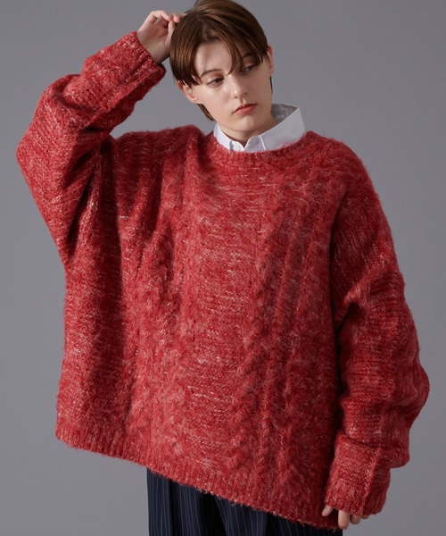 ONCILY(オンシェリー)の「SHAGGY MELANGE CABLE KNIT / シャギーメランジケーブルニット(ニット/セーター・メンズ・グリーン/レッド/ブルー・MEDIUM/LARGE)」の3枚目の写真