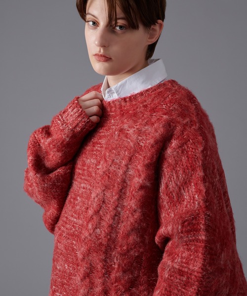 チャイさま tageechita クルーネックケーブル編みメランジセーター