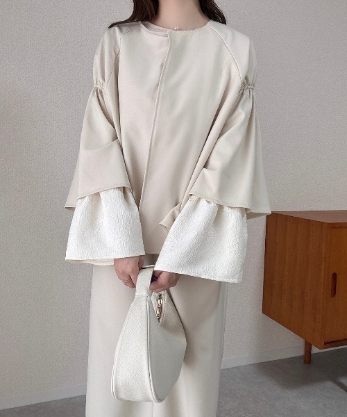 Bab（バブ）の「【オケージョンドレス/結婚式/2サイズ展開/SET ITEM/インナー付き/裏地付き】ケープ風ジャケット（ノーカラージャケット・レディース・ベージュ/アイボリー/グレー・M）」の8枚目の写真