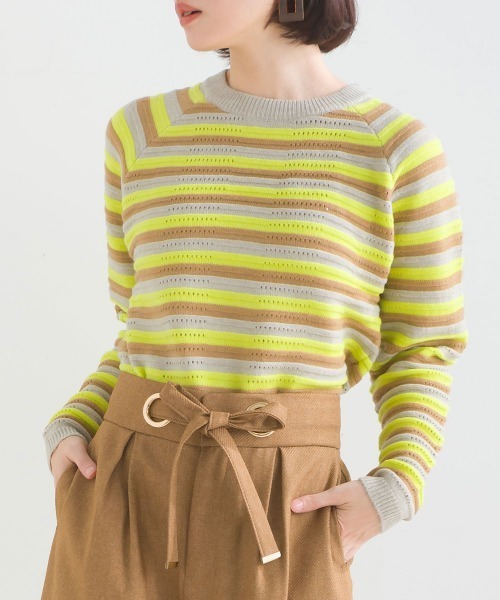 FURRY（ファーリー）の「マルチボーダーストレッチプルオーバー（ニット/セーター・レディース・ターメリック/オフホワイト/ブルーグリーン・FREE）」の2枚目の写真