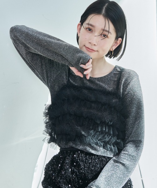 Shelly island（シェリーアイランド）の「マルチWAYチュールビスチェ付きラメトップス（Tシャツ/カットソー・レディース・ブラック系その他/シルバー/ブラック・FREE）」の11枚目の写真