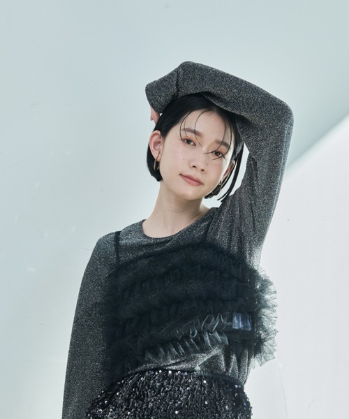 Shelly island（シェリーアイランド）の「マルチWAYチュールビスチェ付きラメトップス（Tシャツ/カットソー・レディース・ブラック系その他/シルバー/ブラック・FREE）」の9枚目の写真