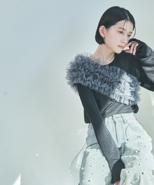 Shelly island（シェリーアイランド）の「マルチWAYチュールビスチェ付きラメトップス（Tシャツ/カットソー・レディース・ブラック系その他/シルバー/ブラック・FREE）」の14枚目の写真