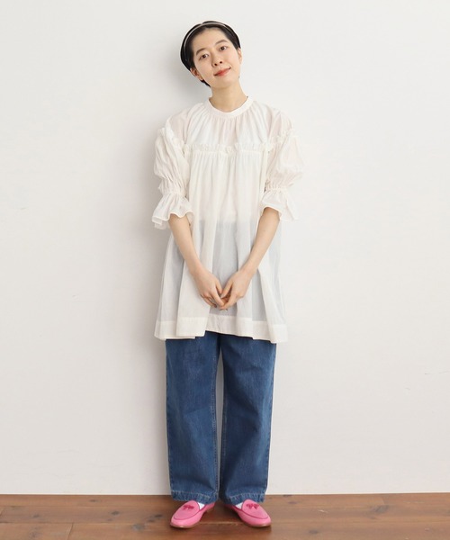 Dot&Stripes CHILD WOMAN(ドットアンドストライプス チャイルドウーマン)の「☆キュプラ/コットン タイプライター伊吹染 BIGパフスリーブ チュニックブラウス(シャツ/ブラウス・レディース・ホワイト/サックスブルー/ネイビー・FREE)」の21枚目の写真
