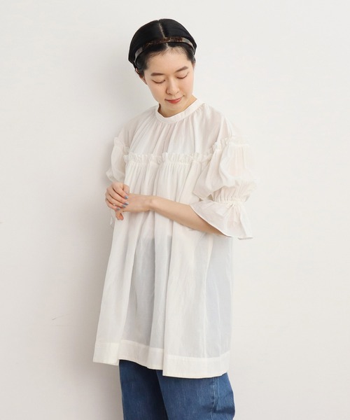 Dot&Stripes CHILD WOMAN(ドットアンドストライプス チャイルドウーマン)の「☆キュプラ/コットン タイプライター伊吹染 BIGパフスリーブ チュニックブラウス(シャツ/ブラウス・レディース・ホワイト/サックスブルー/ネイビー・FREE)」の18枚目の写真