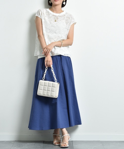 INTERPLANET（インタープラネット）の「コットンサッカーフレアースカート（スカート・レディース・ブラック/オフホワイト/ブルー・FREE）」の3枚目の写真