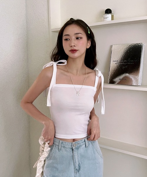 by muni:r（バイ ムニール）の「リボンストラップキャミソール（キャミソール・レディース・ブルー/アイボリー/ブラック/ピンク・FREE）」の8枚目の写真