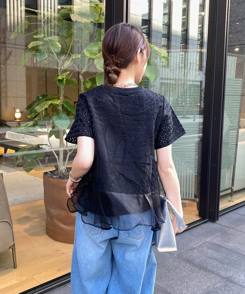 DouDouレース袖 ブラック Tシャツ セール】【WEB限定】レースフリルTEE（Tシャツ/カットソー