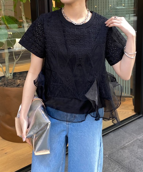 DouDouレース袖 ブラック Tシャツ DouDou tシャツ Tシャツ レース切替袖メロートップス : ZOZOTOWN