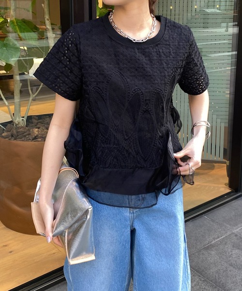 DouDou(ドゥドゥ)の「【WEB限定】レースフリルTEE(Tシャツ/カットソー・レディース・ブラック/ホワイト/グリーン・FREE)」の21枚目の写真