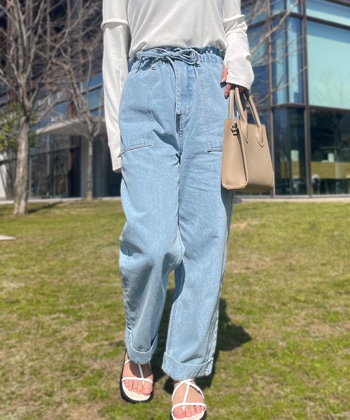 mil(ミル)の「フロントステッチデニムパンツ(デニム・チノ)【全ゴム・楽ちん】(デニムパンツ・レディース・ネイビー/オフホワイト/サックスブルー/カーキ/ベージュ/ブラウン・S/M/XS/S-Short/S-Regular/M-Regular)」の6枚目の写真