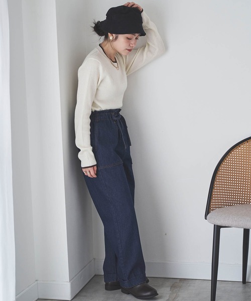 mil(ミル)の「フロントステッチデニムパンツ(デニム・チノ)【全ゴム・楽ちん】(デニムパンツ・レディース・ネイビー/オフホワイト/サックスブルー/カーキ/ベージュ/ブラウン・S/M/XS/S-Short/S-Regular/M-Regular)」の15枚目の写真