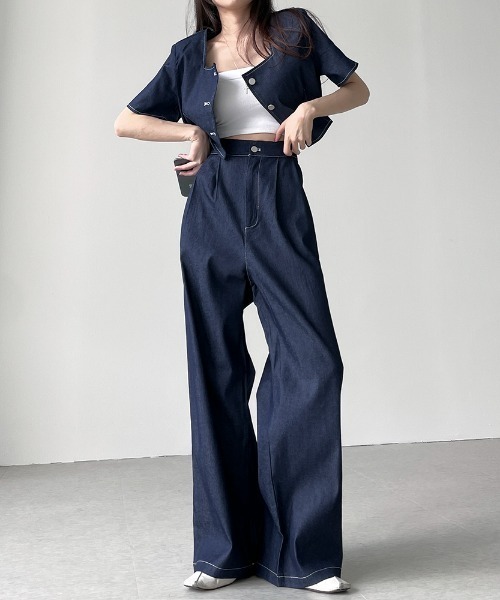 N.s（エヌドットエス）の「配色ステッチショートデニムトップス＋タックワイドパンツセットアップ（セットアップ・レディース・ブラック/ブルー・FREE）」の2枚目の写真