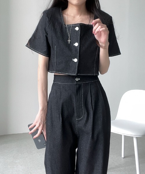 N.s（エヌドットエス）の「配色ステッチショートデニムトップス＋タックワイドパンツセットアップ（セットアップ・レディース・ブラック/ブルー・FREE）」の3枚目の写真