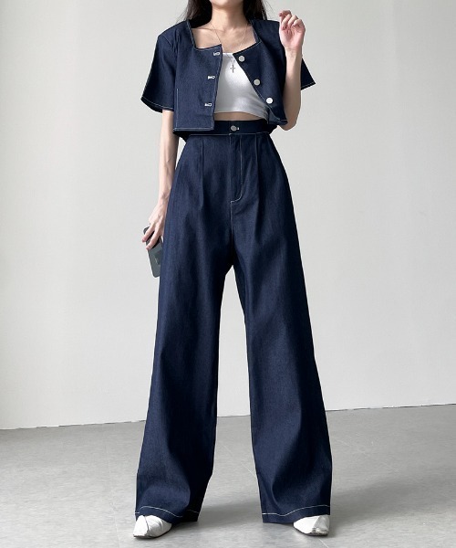 N.s（エヌドットエス）の「配色ステッチショートデニムトップス＋タックワイドパンツセットアップ（セットアップ・レディース・ブラック/ブルー・FREE）」の4枚目の写真