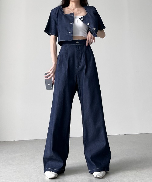 N.s（エヌドットエス）の「配色ステッチショートデニムトップス＋タックワイドパンツセットアップ（セットアップ・レディース・ブラック/ブルー・FREE）」の5枚目の写真