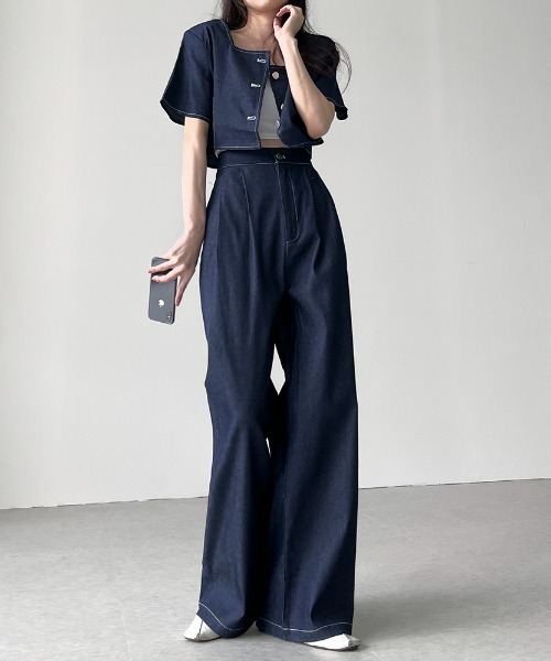N.s（エヌドットエス）の「配色ステッチショートデニムトップス＋タックワイドパンツセットアップ（セットアップ・レディース・ブラック/ブルー・FREE）」の6枚目の写真