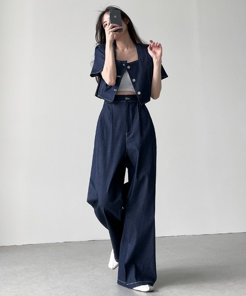 N.s（エヌドットエス）の「配色ステッチショートデニムトップス＋タックワイドパンツセットアップ（セットアップ・レディース・ブラック/ブルー・FREE）」の8枚目の写真