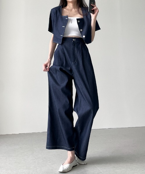 N.s（エヌドットエス）の「配色ステッチショートデニムトップス＋タックワイドパンツセットアップ（セットアップ・レディース・ブラック/ブルー・FREE）」の9枚目の写真