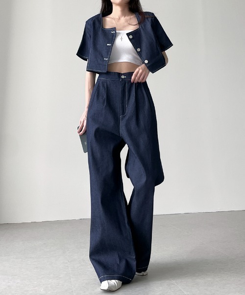 N.s（エヌドットエス）の「配色ステッチショートデニムトップス＋タックワイドパンツセットアップ（セットアップ・レディース・ブラック/ブルー・FREE）」の11枚目の写真