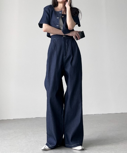 N.s（エヌドットエス）の「配色ステッチショートデニムトップス＋タックワイドパンツセットアップ（セットアップ・レディース・ブラック/ブルー・FREE）」の13枚目の写真