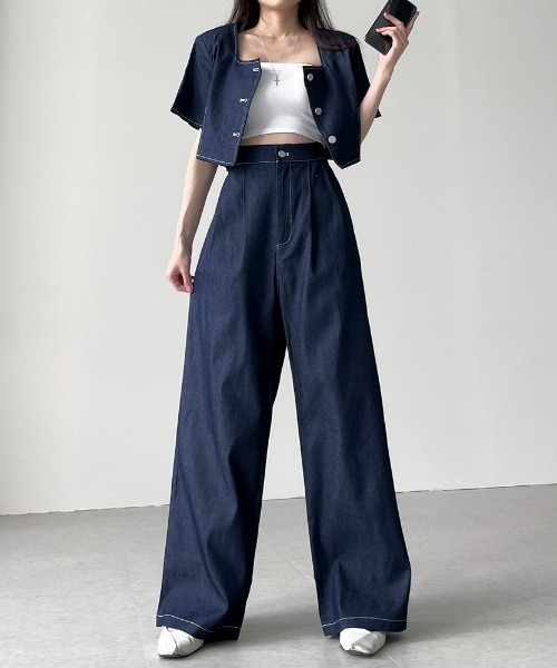 N.s（エヌドットエス）の「配色ステッチショートデニムトップス＋タックワイドパンツセットアップ（セットアップ・レディース・ブラック/ブルー・FREE）」の14枚目の写真