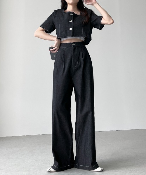 N.s（エヌドットエス）の「配色ステッチショートデニムトップス＋タックワイドパンツセットアップ（セットアップ・レディース・ブラック/ブルー・FREE）」の19枚目の写真