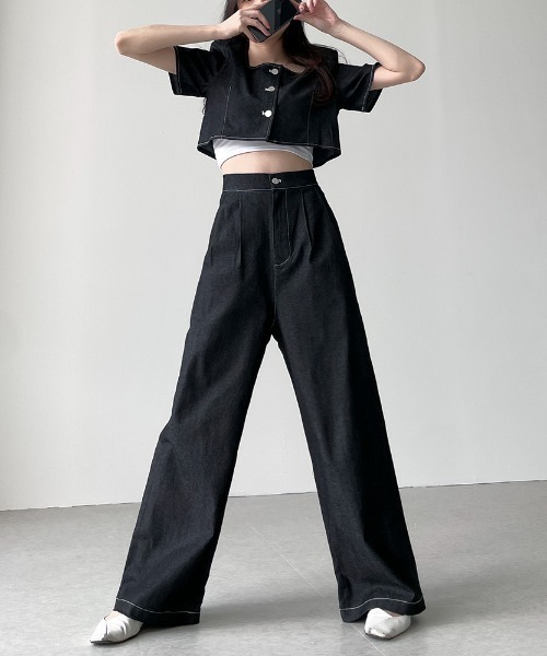 N.s（エヌドットエス）の「配色ステッチショートデニムトップス＋タックワイドパンツセットアップ（セットアップ・レディース・ブラック/ブルー・FREE）」の22枚目の写真