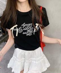 サテンリボンつきロゴ半袖Tシャツ