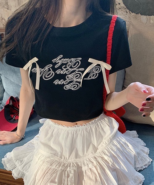 gossip!ロサンゼルス(ゴシップロサンゼルス)の「サテンリボンつきロゴ半袖Tシャツ(Tシャツ/カットソー・レディース・ブラック/オフホワイト・FREE)」の14枚目の写真