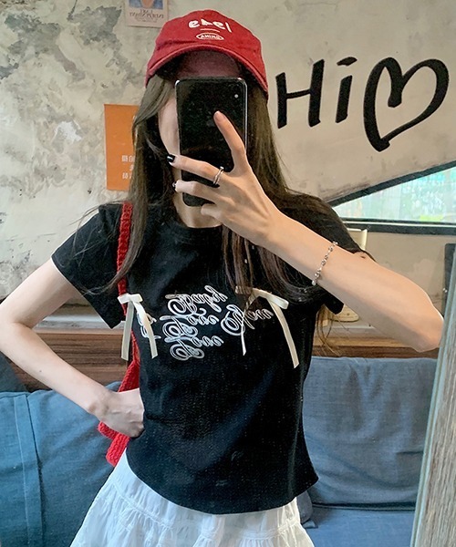 gossip!ロサンゼルス(ゴシップロサンゼルス)の「サテンリボンつきロゴ半袖Tシャツ(Tシャツ/カットソー・レディース・ブラック/オフホワイト・FREE)」の15枚目の写真
