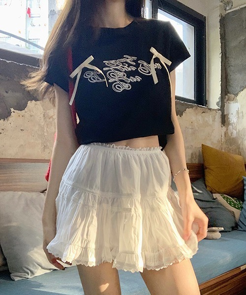 gossip!ロサンゼルス(ゴシップロサンゼルス)の「サテンリボンつきロゴ半袖Tシャツ(Tシャツ/カットソー・レディース・ブラック/オフホワイト・FREE)」の16枚目の写真